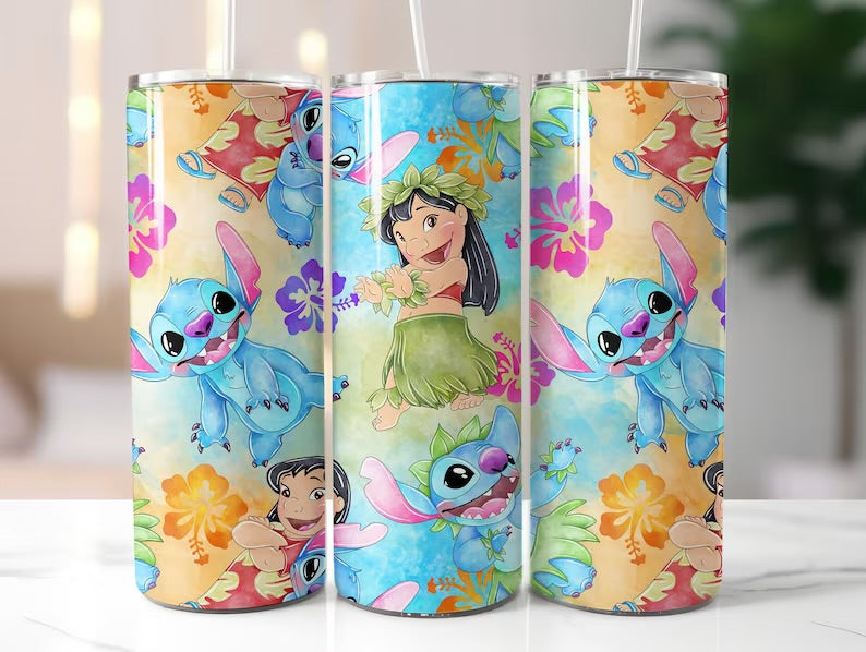 Szívószálas fémpohár zárható tetővel  600 ml🎀  Stitch mintával