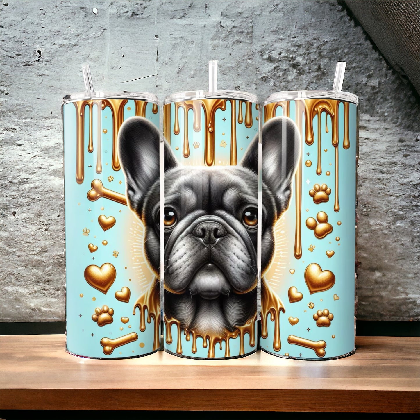 Francia bulldogos szívószálas fémpohár zárható tetővel 600 ml🎀