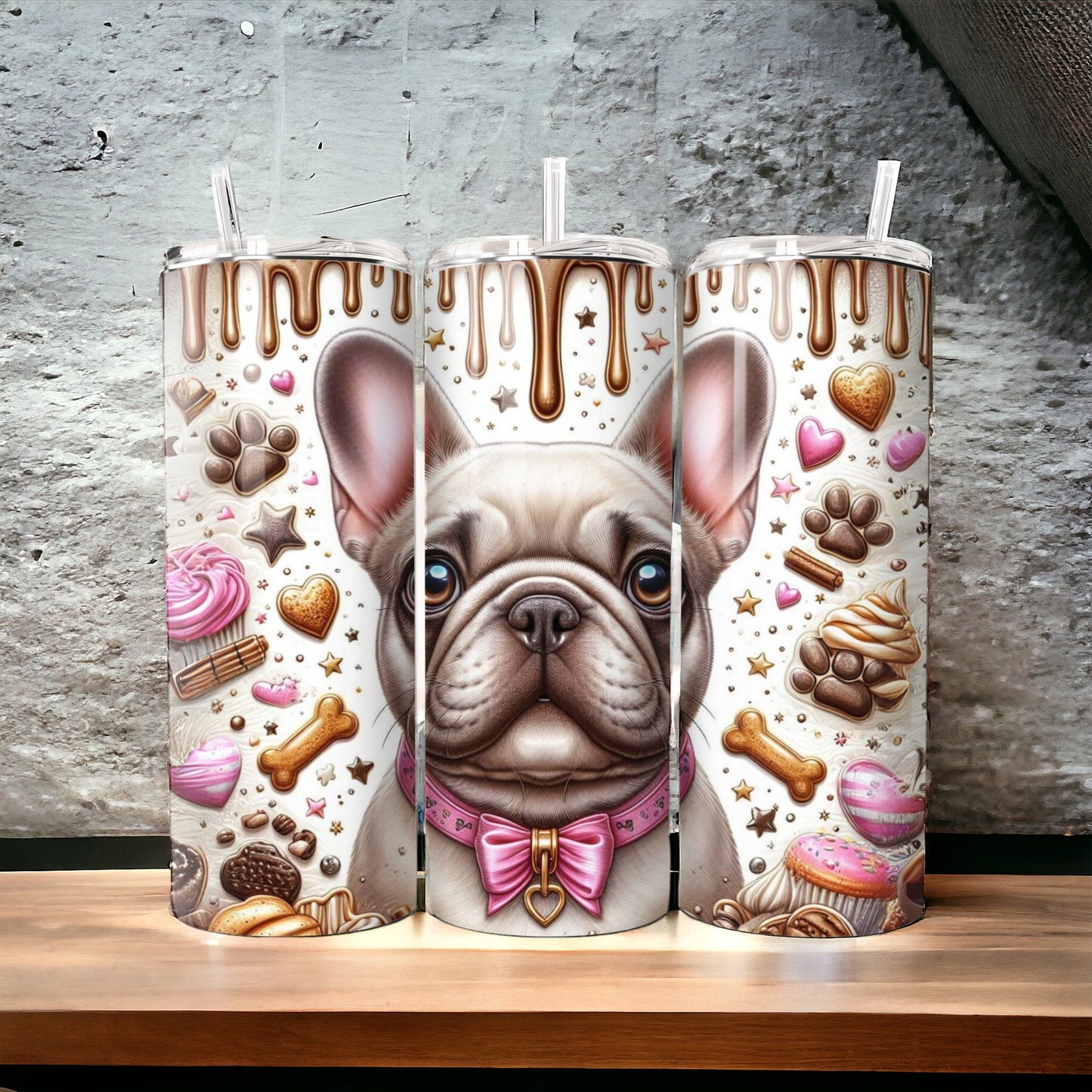 Francia bulldogos szívószálas fémpohár zárható tetővel 600 ml🎀