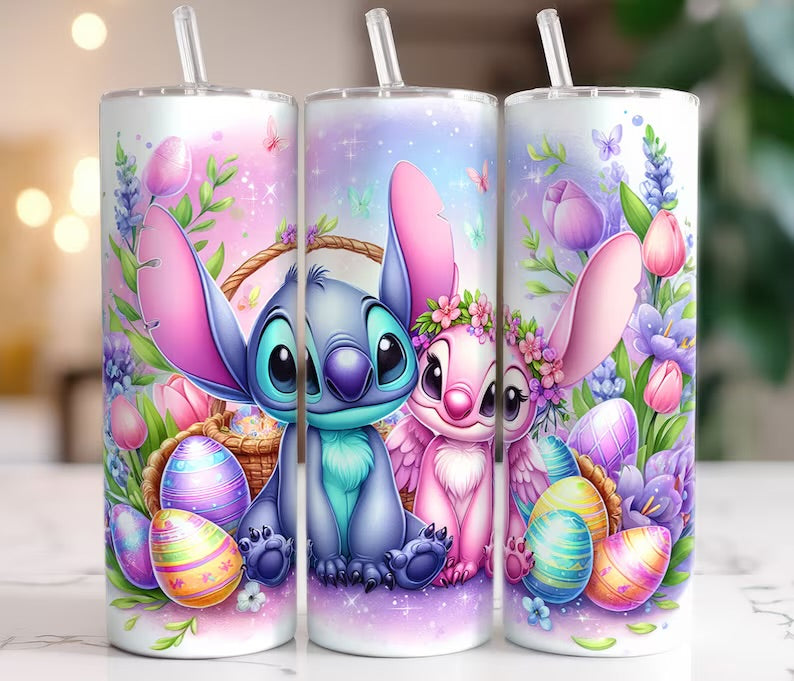 Húsvéti Stitch mintás szívószálas fémpohár zárható tetővel 600 ml🎀