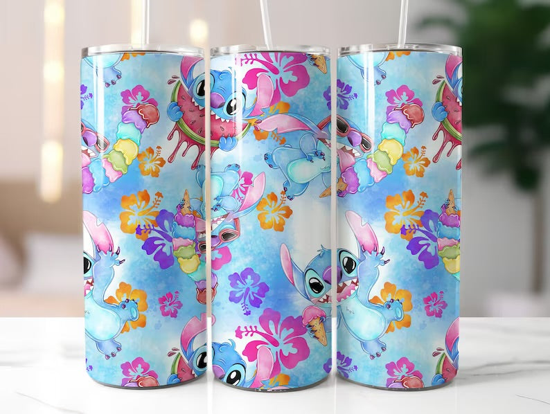 Szívószálas fémpohár zárható tetővel  600 ml🎀  Stitch mintával